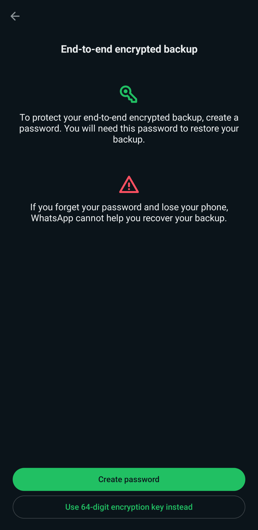The screen which shows the error message when the backup restore fails because the key has been rotated