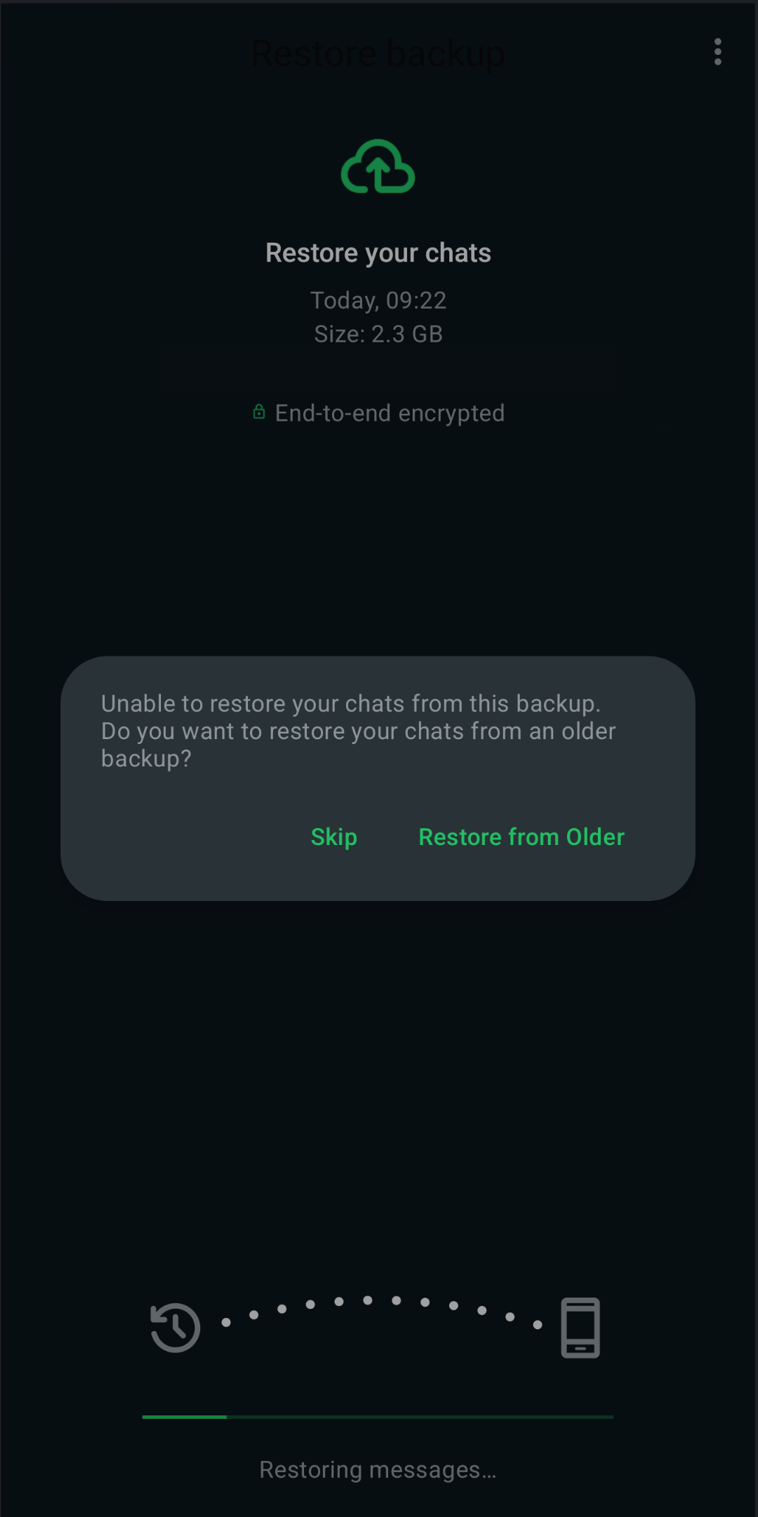 The screen which shows the error message when the backup restore fails because the key has been rotated